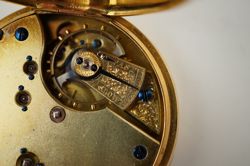 A continental 18k gold open faced keyless lever pocket watch, with a 9ct albert